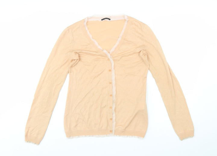 Sisley Women Beige Cotton V-Neck Button Cardigan Size S