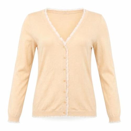 Sisley Women Beige Cotton V-Neck Button Cardigan Size S