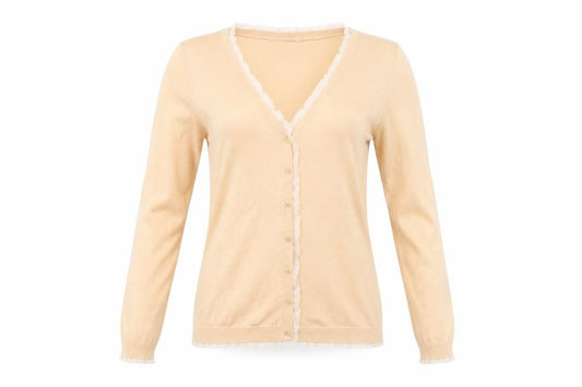 Front view of Sisley Women Beige Cotton V-Neck Button Cardigan, size S