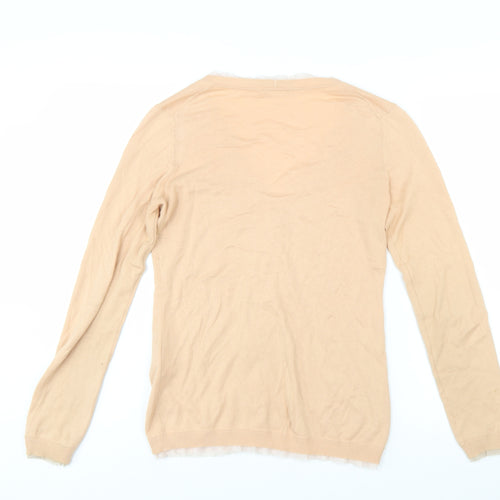 Sisley Women Beige Cotton V-Neck Button Cardigan Size S