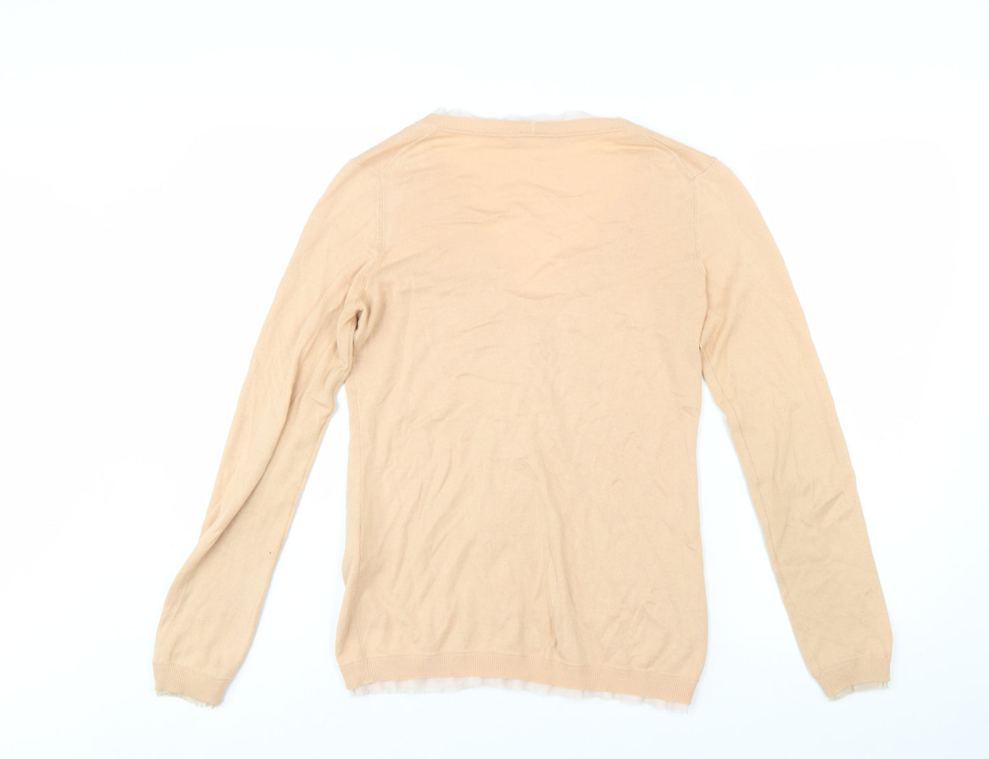 Sisley Women Beige Cotton V-Neck Button Cardigan Size S