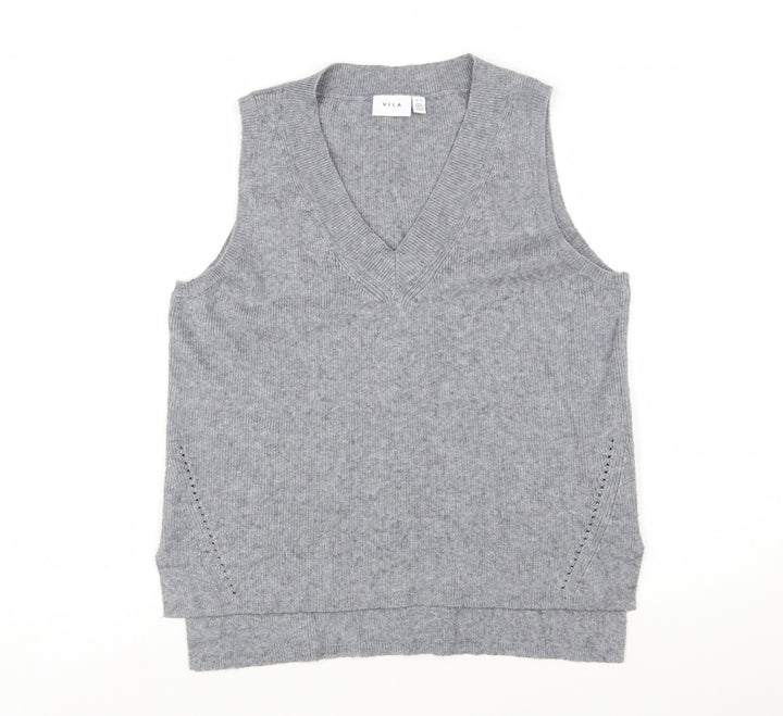 Vila Womens Grey V-Neck Knit Sleeveless Vest Jumper Size L