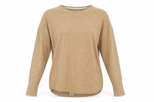 Front view of Joules Women’s Beige Crew Neck Cotton Blend Relaxed Jumper, size UK 10
