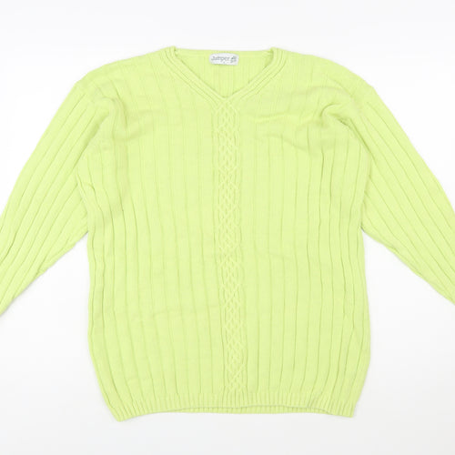 Jumper Women’s Green V-Neck Cable-Knit Cotton Pullover L