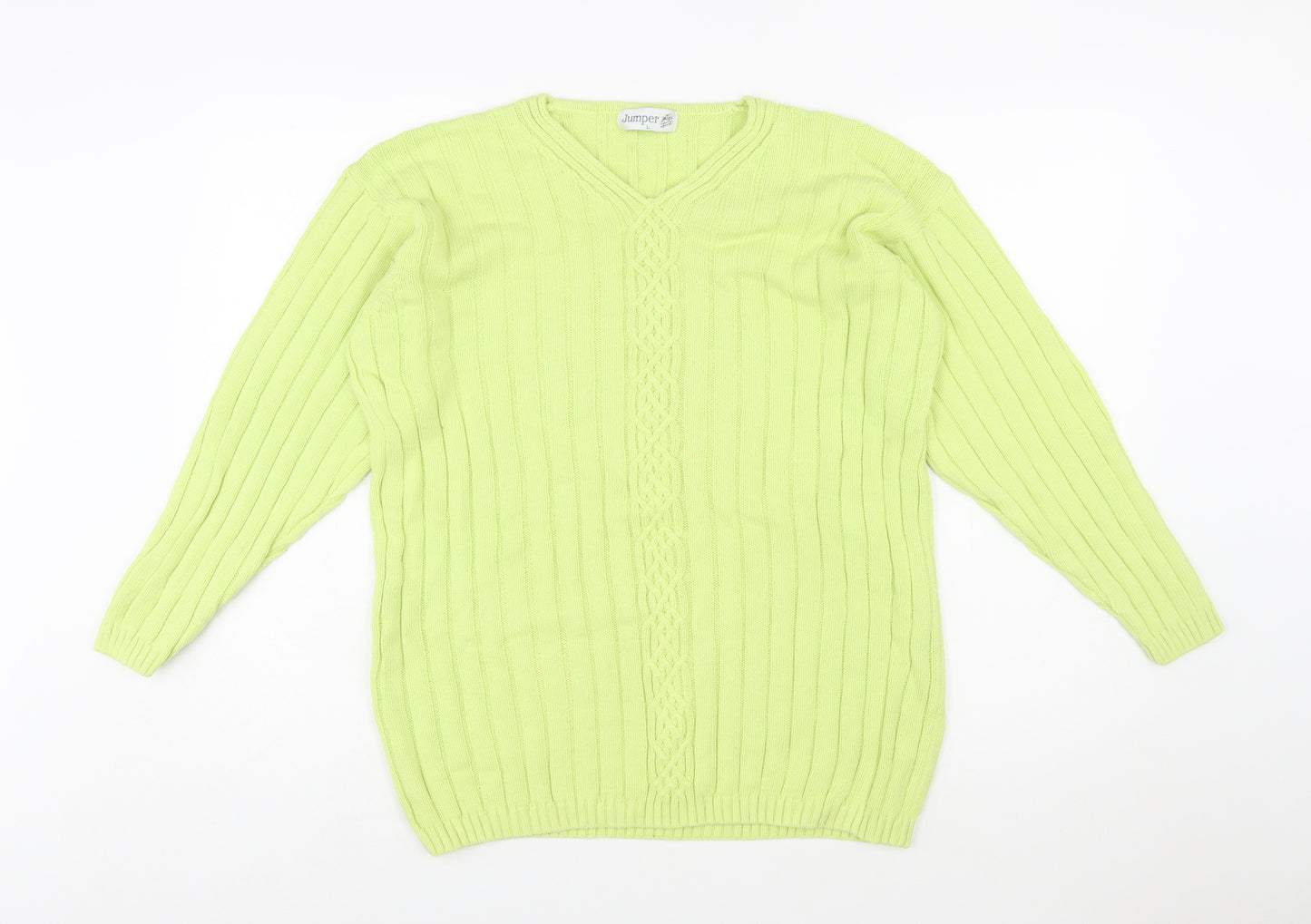 Jumper Women’s Green V-Neck Cable-Knit Cotton Pullover L