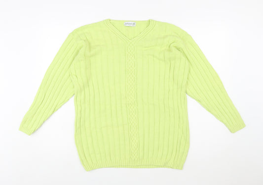 Jumper Women’s Green V-Neck Cable-Knit Cotton Pullover L