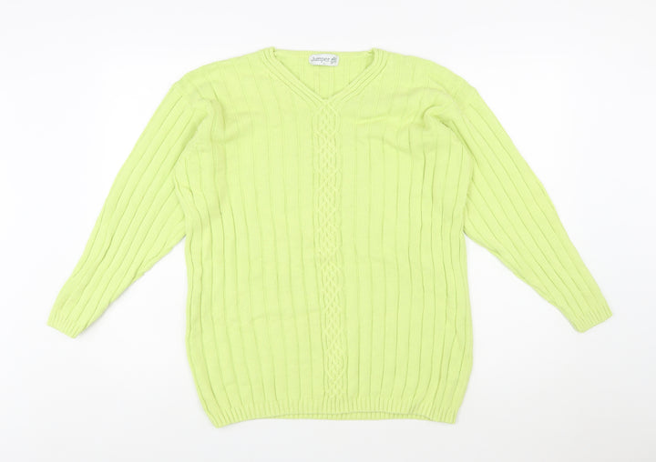 Jumper Women’s Green V-Neck Cable-Knit Cotton Pullover L