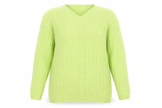 Front view of Jumper Women’s Green V-Neck Cable-Knit Cotton Pullover L
