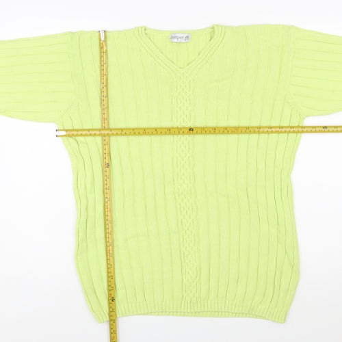 Jumper Women’s Green V-Neck Cable-Knit Cotton Pullover L