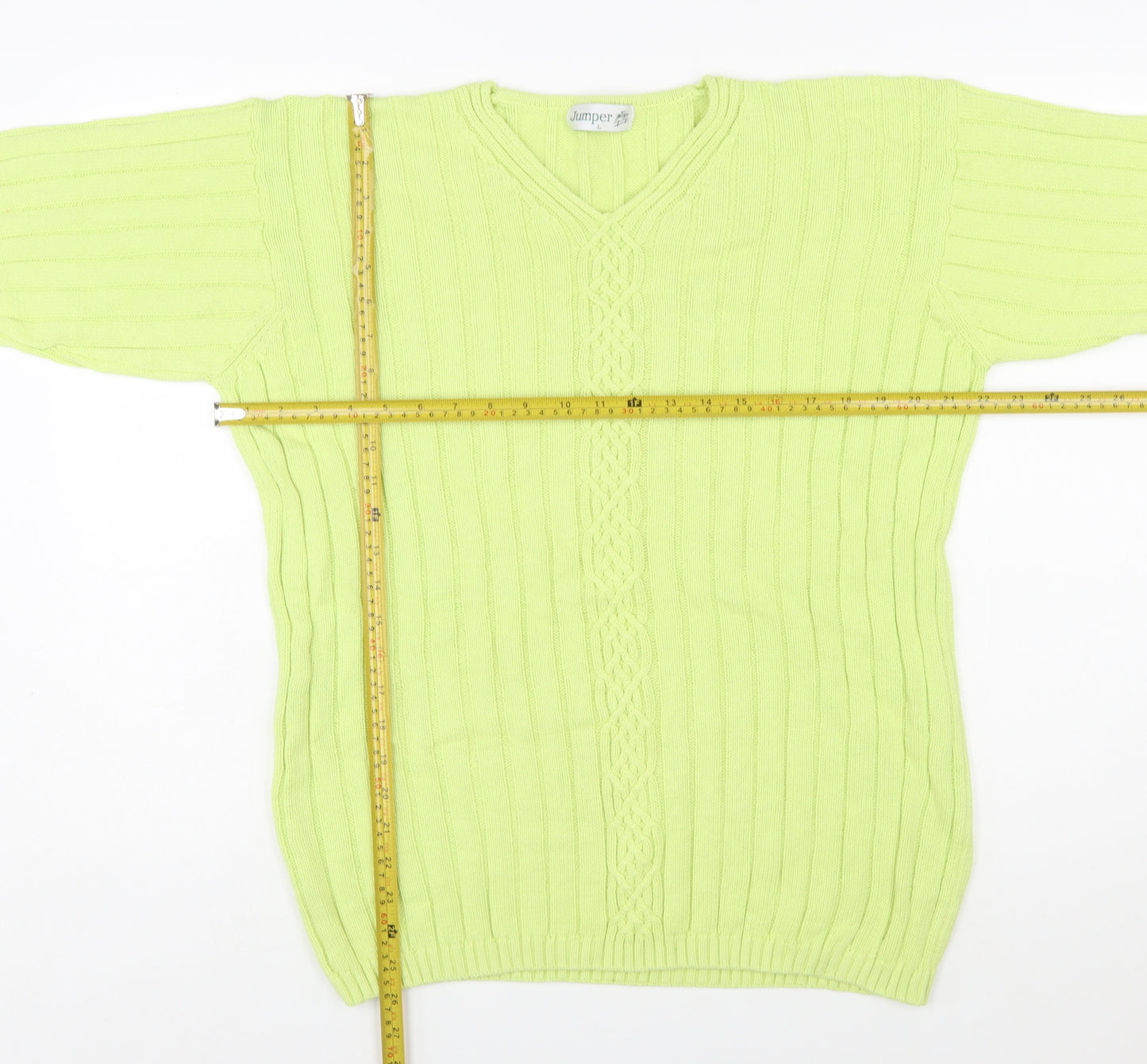 Jumper Women’s Green V-Neck Cable-Knit Cotton Pullover L