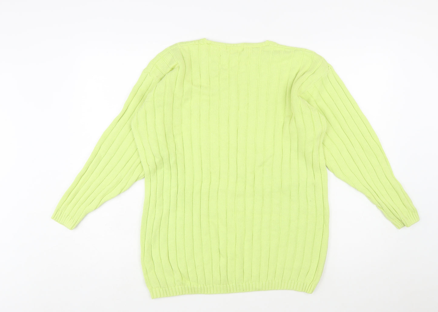 Jumper Women’s Green V-Neck Cable-Knit Cotton Pullover L