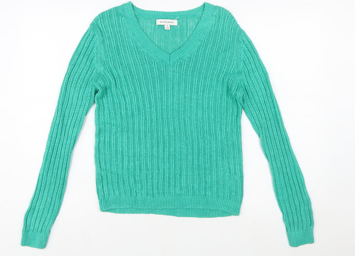 Marks and Spencer Autograph Green V-Neck Linen Women's Jumper Size 10