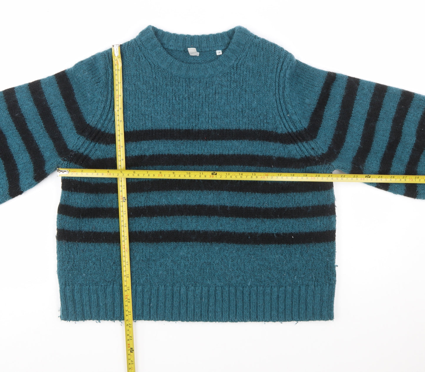 AND/OR Women's Blue Striped Wool Blend Chunky Knit Jumper Size 18