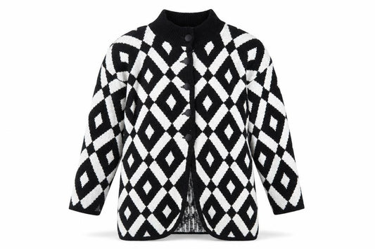 Front view of TIGI Exclusive women’s black white geometric knit cardigan m
