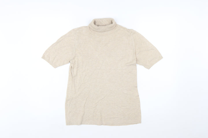 MNG Women Beige Roll Neck Short Sleeve Wool Blend Jumper Size 12
