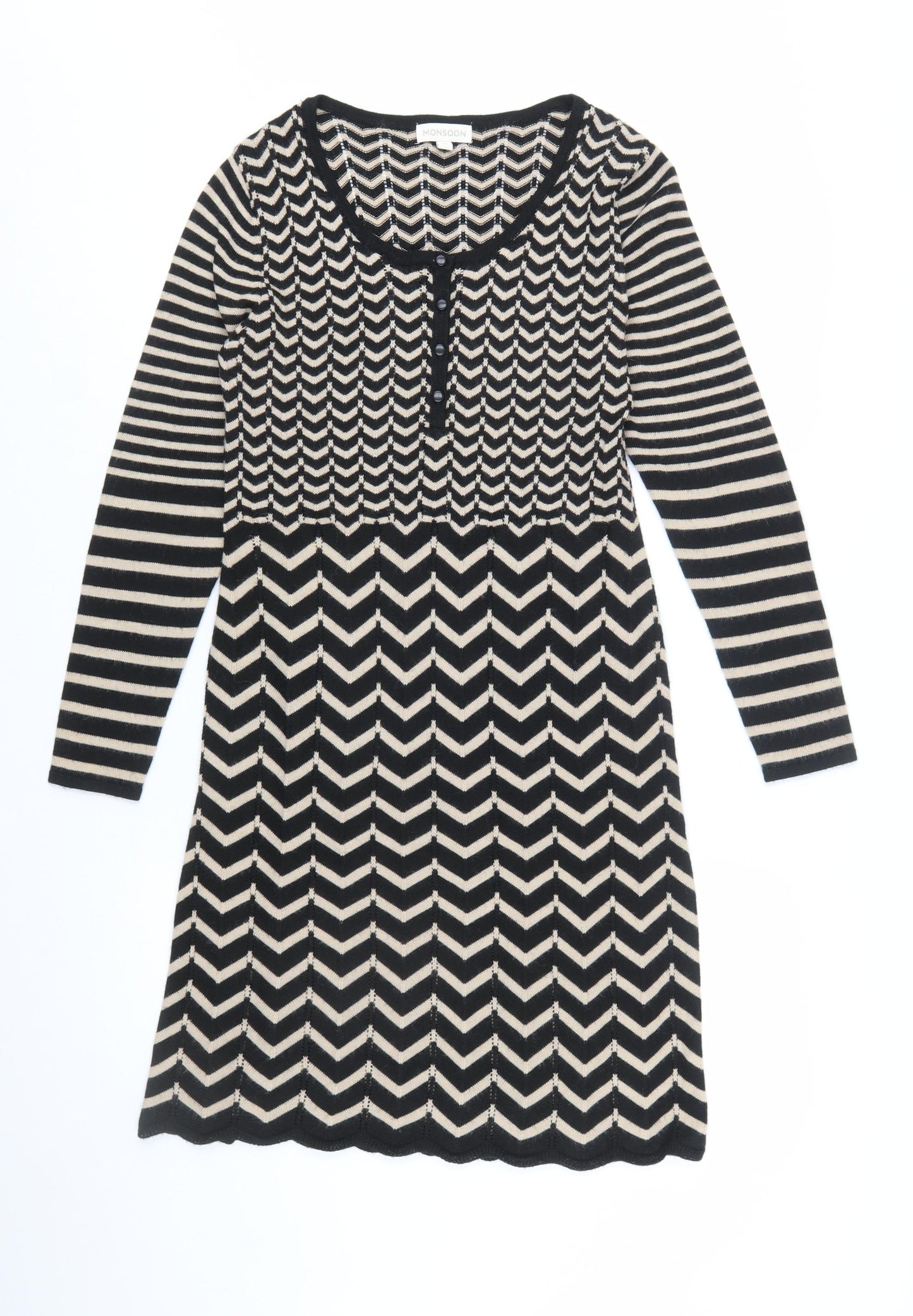 Monsoon Women’s Black Chevron Knit Long Sleeve Knee Length Dress M