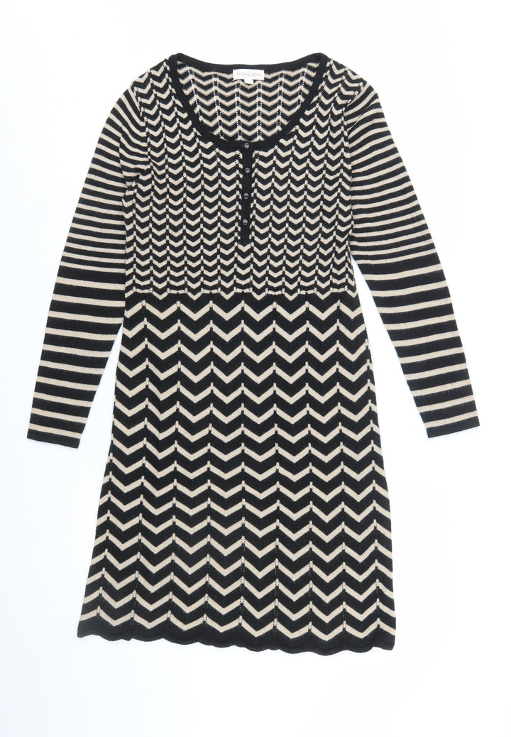 Monsoon Women’s Black Chevron Knit Long Sleeve Knee Length Dress M
