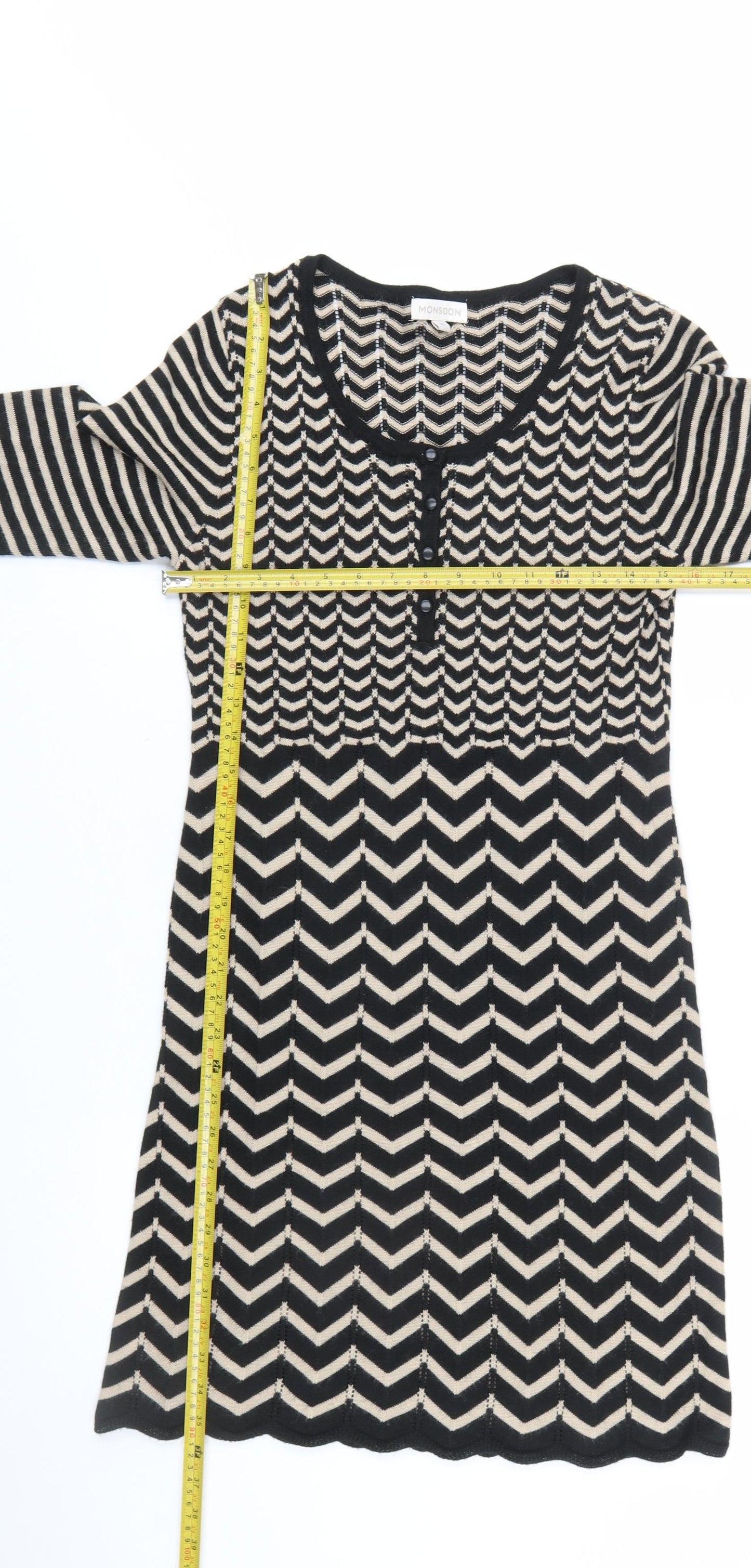 Monsoon Women’s Black Chevron Knit Long Sleeve Knee Length Dress M