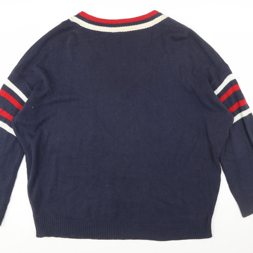 Urban Outfitters Women's Blue V-Neck Striped Pullover Jumper Size M