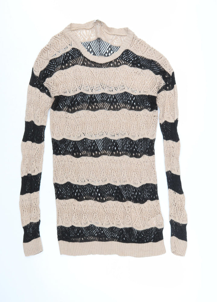 River Island Women’s Beige Black Striped Open-Knit Jumper Size 14
