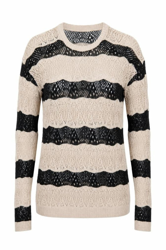 Front view of River Island Women’s Beige Black Striped Open-Knit Jumper, size UK 14