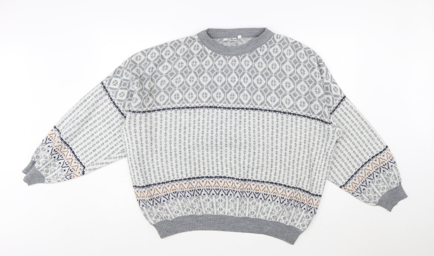 Jargon Womens Grey Fair Isle Acrylic Knit Jumper M