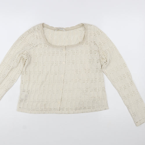 Promod Women Ivory Knit Cardigan L Cotton Blend Open Knit