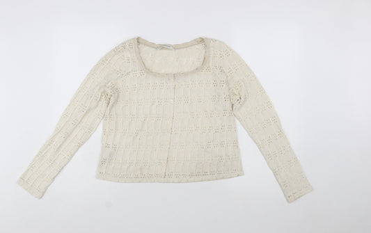 Promod Women Ivory Knit Cardigan L Cotton Blend Open Knit
