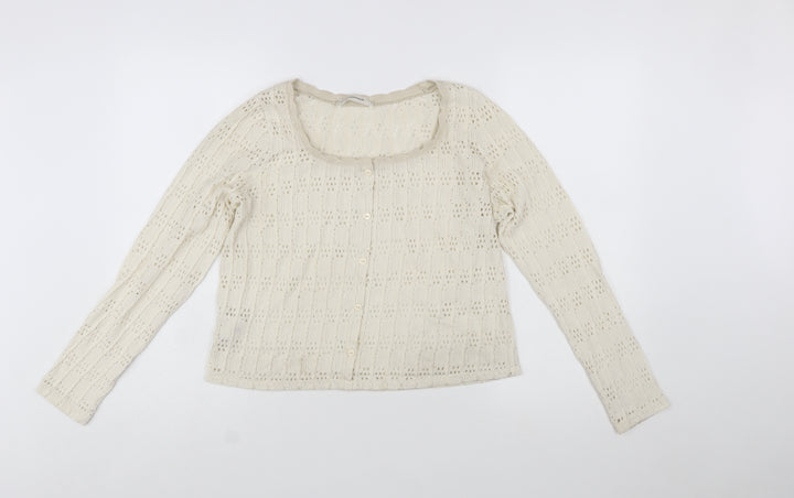 Promod Women Ivory Knit Cardigan L Cotton Blend Open Knit