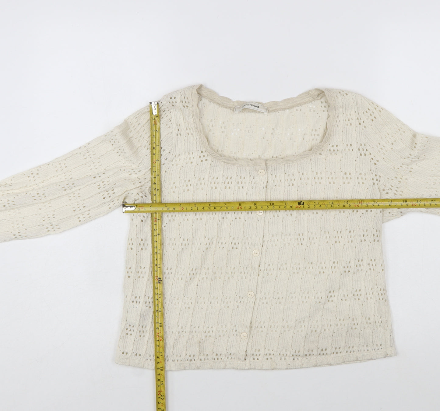 Promod Women Ivory Knit Cardigan L Cotton Blend Open Knit