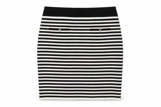 Front view of Reiss Women Black Striped Pencil Skirt, size S, Stretch Knit