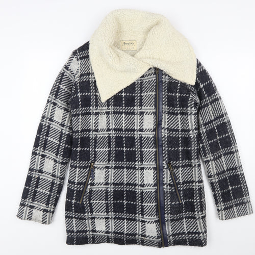 Bershka Women's Blue Checked Knit Biker Jacket Size S