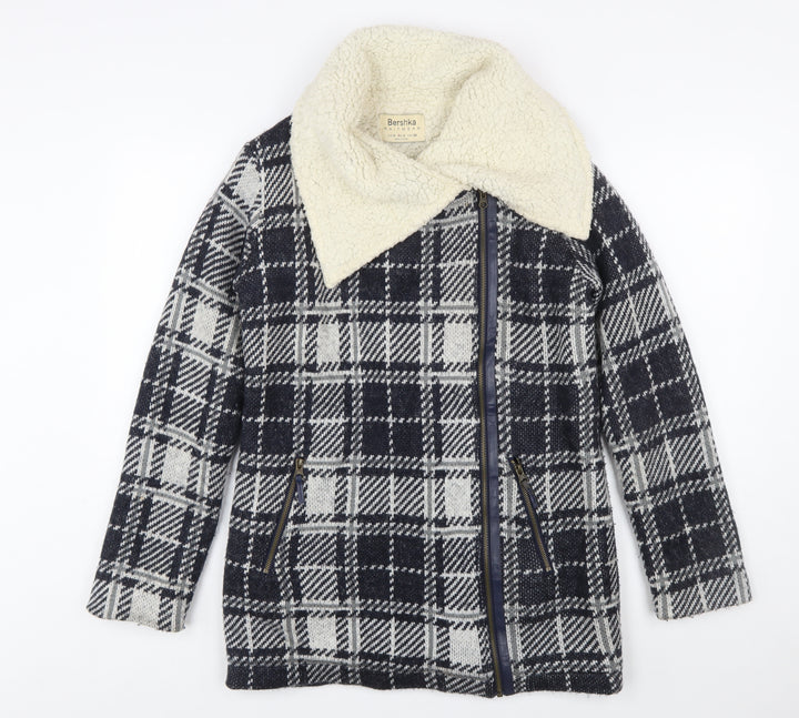 Bershka Women's Blue Checked Knit Biker Jacket Size S