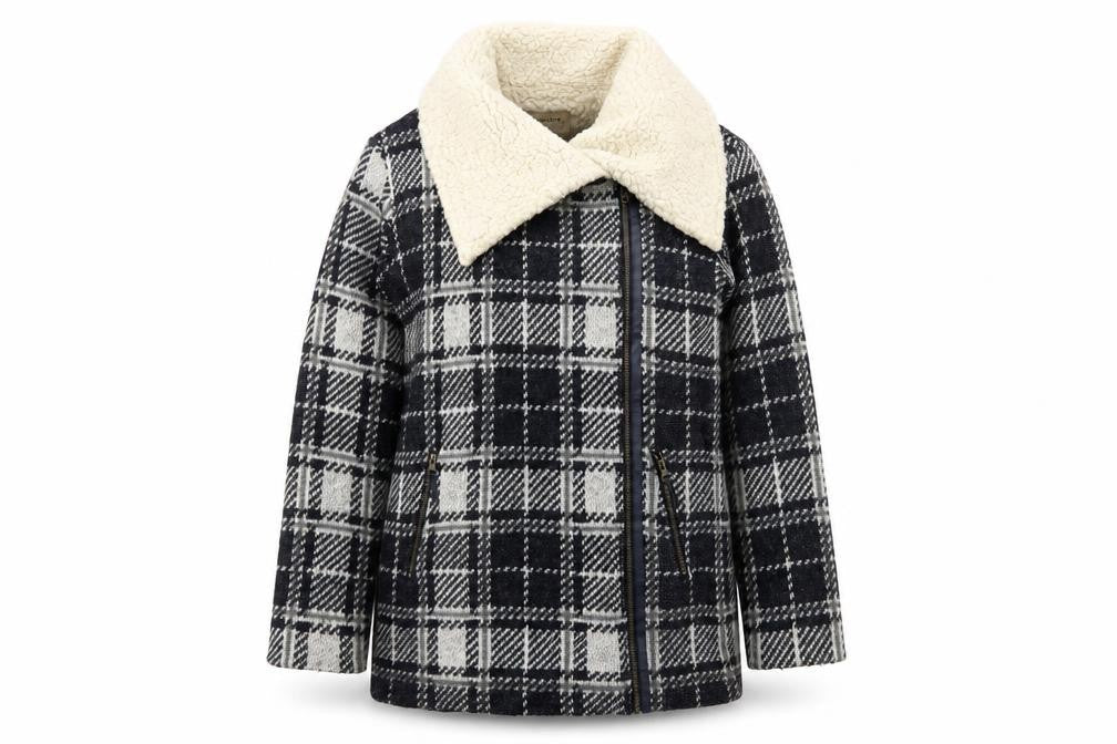 Front view of Bershka Women's Blue Checked Knit Biker Jacket, size S