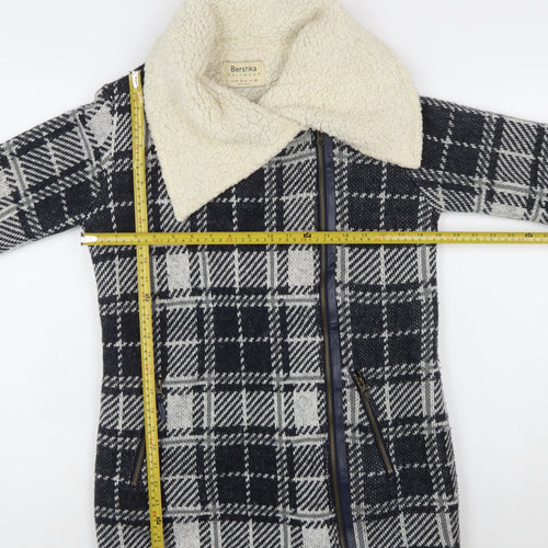 Bershka Women's Blue Checked Knit Biker Jacket Size S