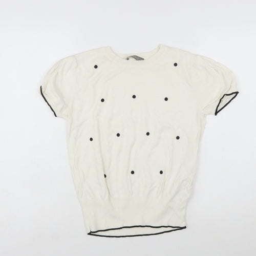 Oasis Women Ivory Polka Dot Short Sleeve Cotton Pullover Jumper Size 10