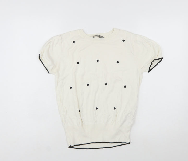 Oasis Women Ivory Polka Dot Short Sleeve Cotton Pullover Jumper Size 10