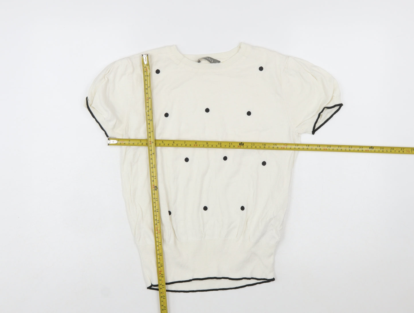 Oasis Women Ivory Polka Dot Short Sleeve Cotton Pullover Jumper Size 10
