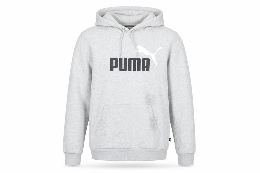 Front view of Puma Men's Grey Pullover Hoodie Small Graphic Logo Sweatshirt