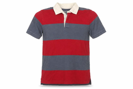 Front view of Gap Men's Red & Grey Striped Polo Shirt, size L, Cotton Short Sleeve