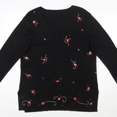 Marks and Spencer Women Black Floral Embroidered V-Neck Jumper Size 20