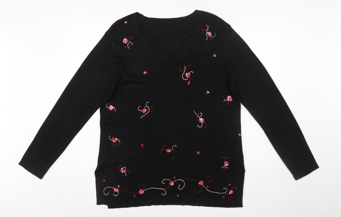 Marks and Spencer Women Black Floral Embroidered V-Neck Jumper Size 20