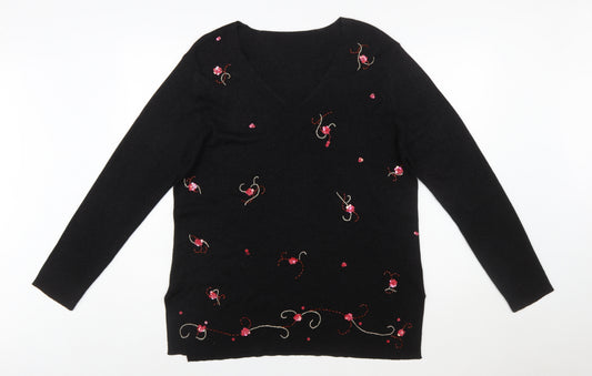 Marks and Spencer Women Black Floral Embroidered V-Neck Jumper Size 20