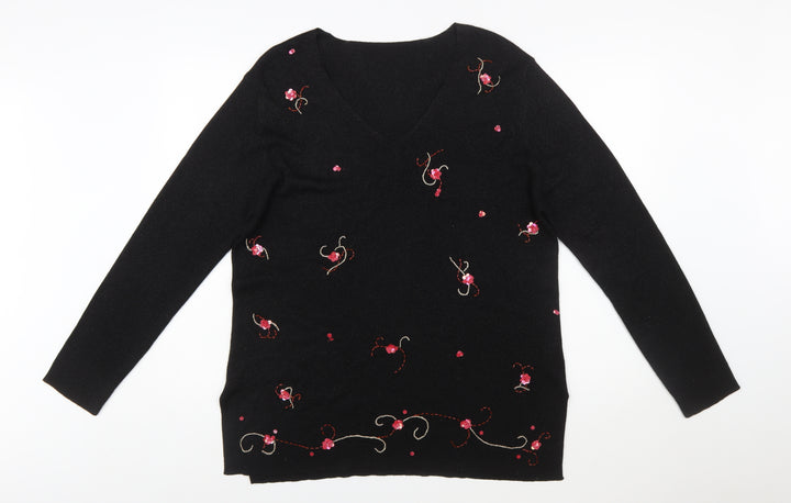 Marks and Spencer Women Black Floral Embroidered V-Neck Jumper Size 20