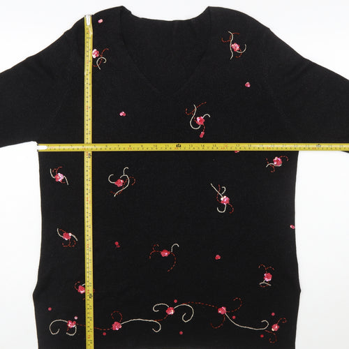 Marks and Spencer Women Black Floral Embroidered V-Neck Jumper Size 20