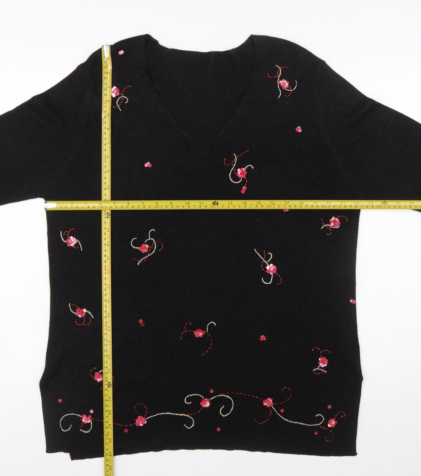 Marks and Spencer Women Black Floral Embroidered V-Neck Jumper Size 20