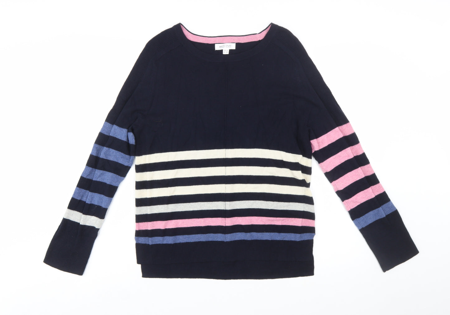 White Stuff Women's Navy Multi Stripe Jumper UK 12 Long Sleeve Cotton Wool