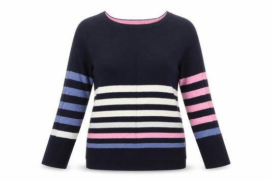 Front view of White Stuff Women's Navy Multi Stripe Jumper UK 12 Long Sleeve Cotton Wool