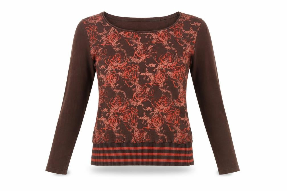 Front view of RESERVED women’s brown floral long sleeve jersey top, size UK 10
