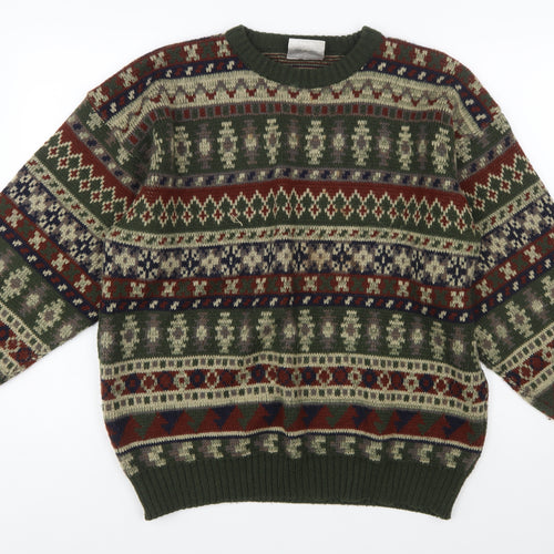 Ferndale Men's Green Fair Isle Acrylic Crew Neck Jumper Size L